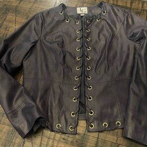 Lena Gabrielle Jacket Navy Blue Snake Print Faux Leather Collarless Lined Sz 14